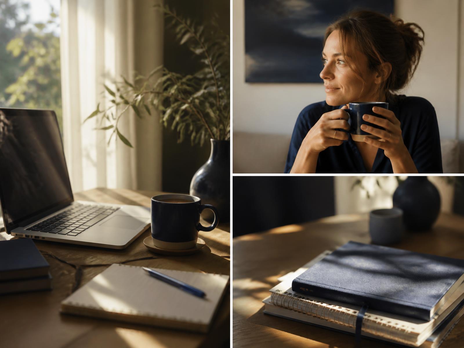 A remote worker at a sunlit desk with a laptop, notebook and coffee